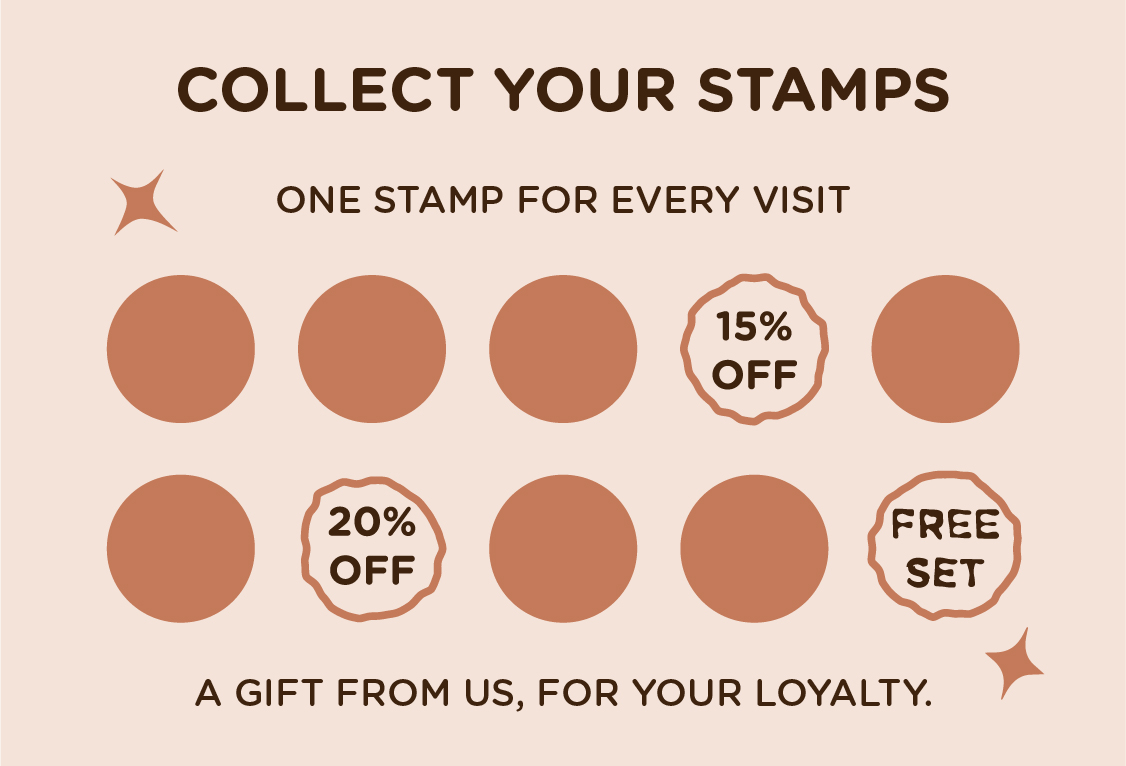 Loyalty stamp card with 10 stamps: 15% off on the 4th, 20% off on the 7th and a free set on the 10th